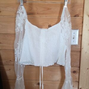 SHEIN White Lace Blouse with Sheer Sleeves